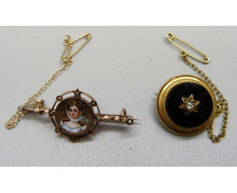 A yellow and enamel brooch, a/f, and a yellow metal and onyx brooch set with a diamond 