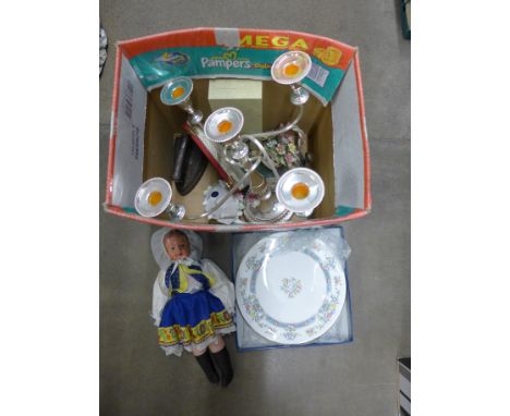 Assorted items:- a plated candelabra, a doll, boxed plated ware, china, etc.**PLEASE NOTE THIS LOT IS NOT ELIGIBLE FOR POSTIN