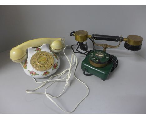 Two vintage rotary telephones; Royal Albert Old Country Roses and one other, (with cables)