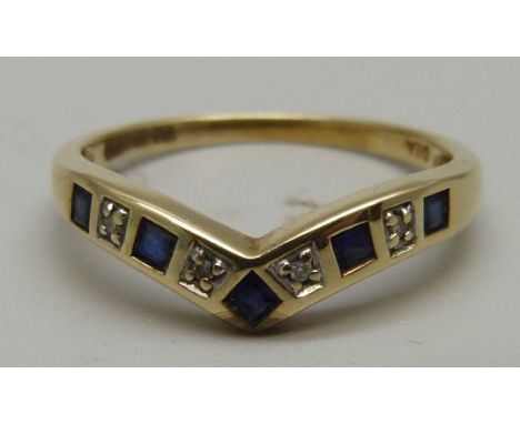 A 9ct gold, sapphire and diamond wishbone ring, 1.8g, P 