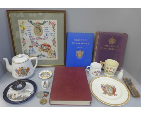 A collection of Royal memorabilia, including a teapot and books 