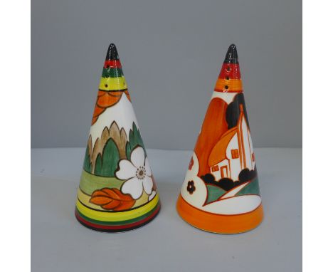 Two Wedgwood Clarice Cliff Bizarre shakers, both a/f