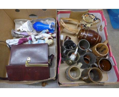 Two boxes of assorted items, porcelain figures, pewter jugs, Bell &amp; Howell cine camera, etc.**PLEASE NOTE THIS LOT IS NOT