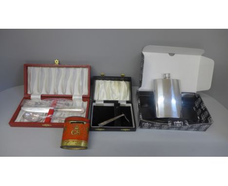 A pair of silver sugar bows, a collection of silver plated ware, a pewter hip flask, etc. 