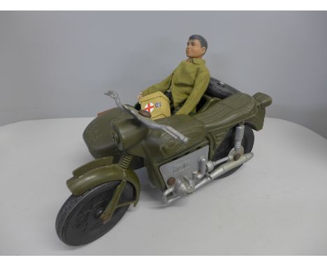An Action Man and a motorcycle and side car 