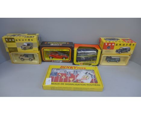 Two Corgi Toys, two Vanguards model vehicles and a Dinky Toys signal set 