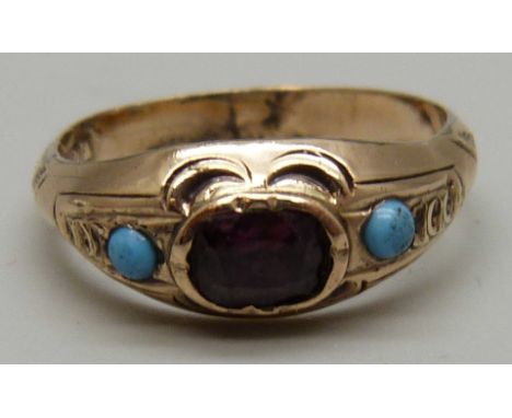 A 9ct gold, amethyst and turquoise ring, 2.4g, P 