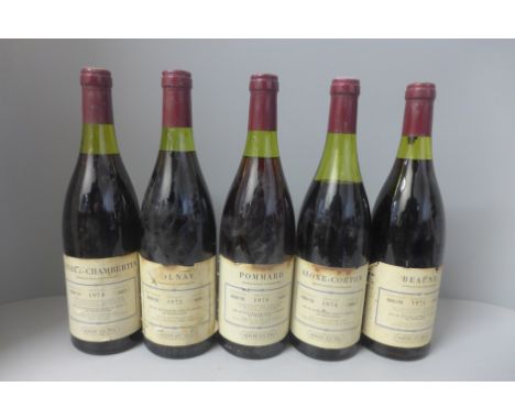 Five bottles of French vintage red wine; includes Beaune 1974, Aloxe-Corton 1974 and Gevrey-Chambertin 