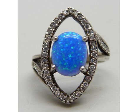 A silver, synthetic opal and white stone ring, N 