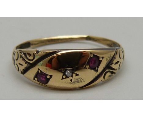 An 18ct gold, ruby and diamond ring, 2.1g, N 