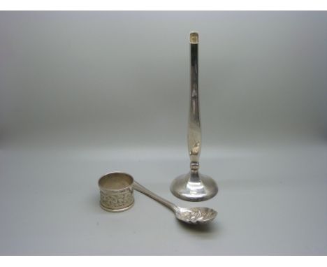 A P&amp;O silver posy holder with weighted base, silver napkin ring and a plated The P.O.S.H. Club berry spoon 