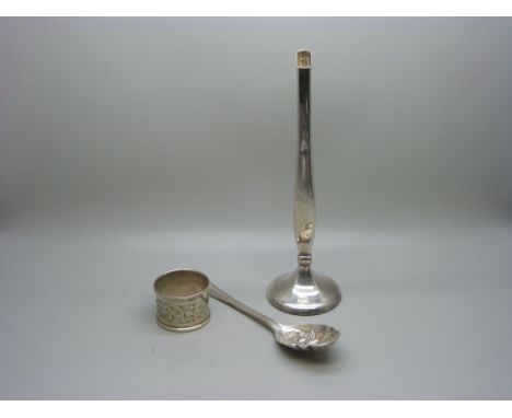 A P&amp;O silver posy holder with weighted base, silver napkin ring and a plated The P.O.S.H. Club berry spoon 