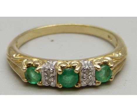 A 9ct gold, green stone and diamond ring, 2.2g, P 