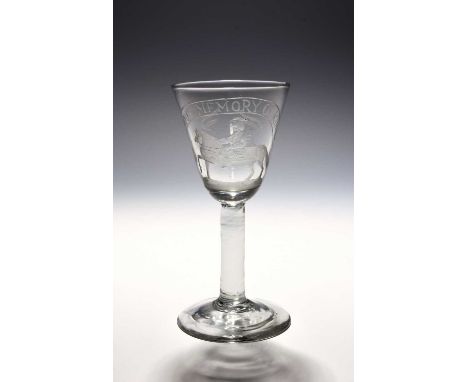 A Williamite wine glass, c.1760, the round funnel bowl engraved with a portrait of the king on horseback beneath a ribbon ban