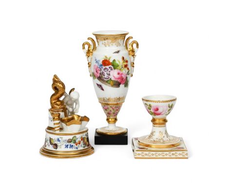 A Nantgarw-style vase, 19th century, the slender form applied with swan handles, painted in the manner of William Pollard wit