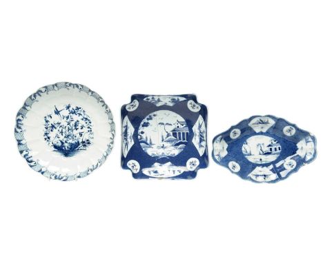 Three English porcelain blue and white dishes, .1760-70, one Bow of deep square form and painted with a fan-panelled landscap