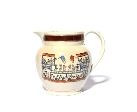 A rare commemorative 'pugilist' pearlware jug, c.1825, printed and coloured with a boxing match, with two contenders sparring