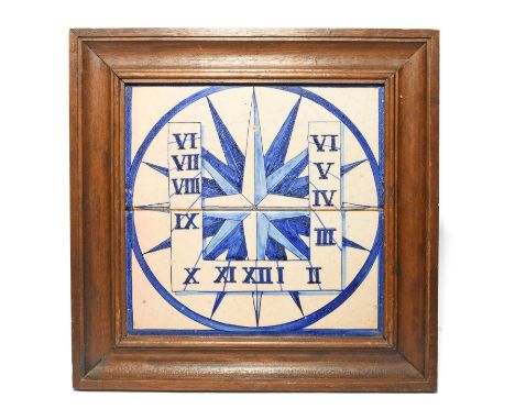 Two Delft tiles forming a sundial, late 18th/19th century, painted in shades of blue with a compass star and Roman numerals, 