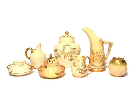 Two Royal Worcester pot pourri jars with inner and outer covers, c.1888-1912, the larger decorated with loose flower sprays i