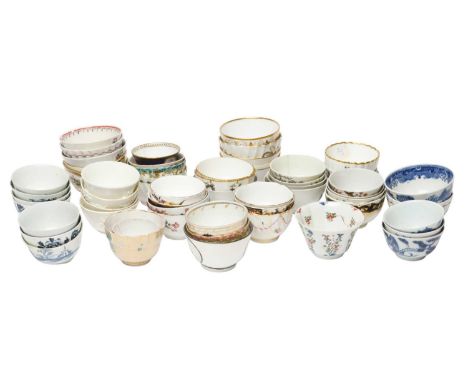 A study collection of teabowls, 18th and 19th centuries, including Bow, Chelsea, Derby, Liverpool, Worcester, Factory Z, Flig