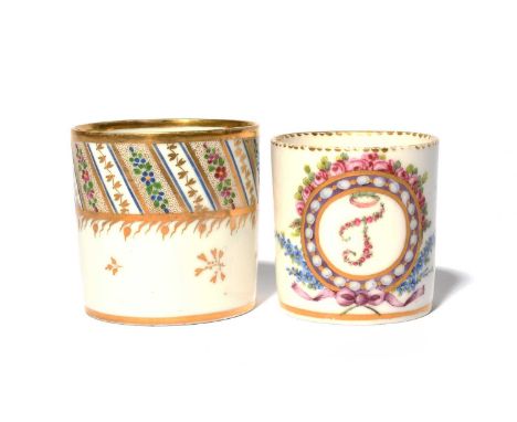 A Sèvres coffee can, date code for 1785, painted with the initial J within a painted bead panel amid rose and forget-me-not s