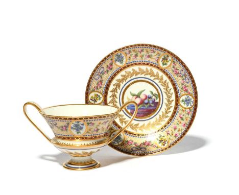 A large and rare Sèvres two-handled cup and stand (tasse a l'Etrusque et soucoupe), c.1793, in the Etruscan style, finely pai