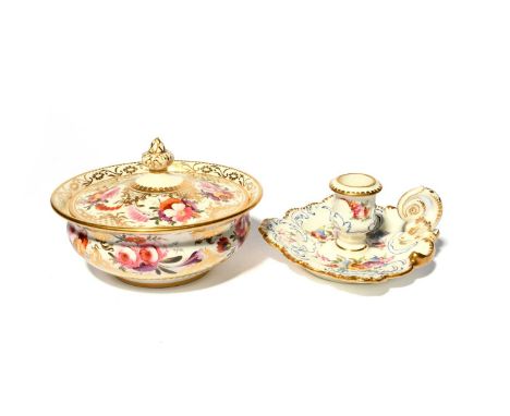 A Coalport sucrier and cover, c.1820, finely painted with small arrangements of polychrome flowers within gilt hatched panels