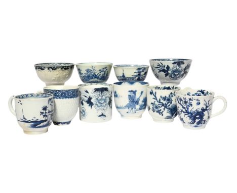 A small collection of English porcelain blue and white teawares, c.1758-70, including two Vauxhall teabowls painted with pago