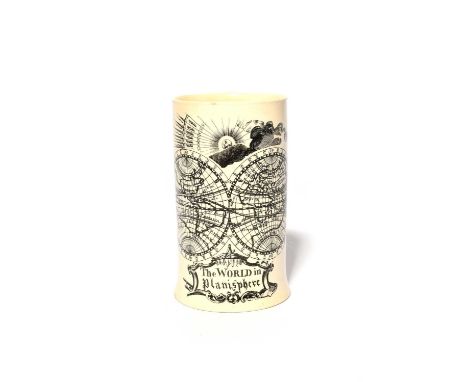 A creamware mug, c.1790, the tall slender form printed in black with 'The World in Planisphere', titled beneath the hemispher