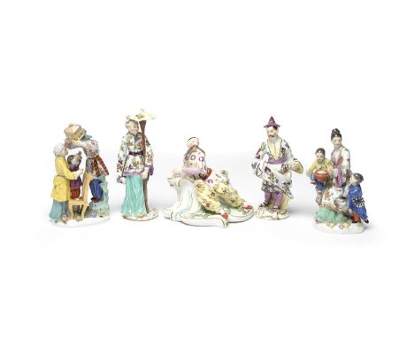 Five Continental porcelain chinoiserie figure groups, 19th and 20th centuries, two Meissen and depicting Chinese families in 