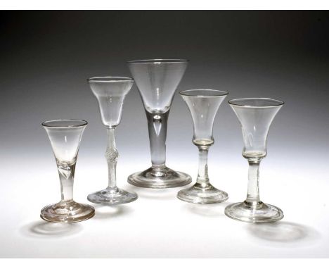 Five English drinking glasses, c.1750-60, including a pair of small wine or gin glasses with bell bowls over plain stems and 