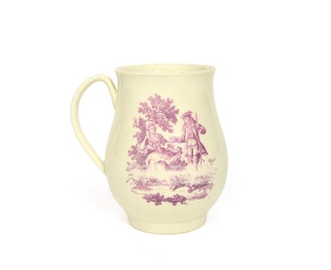 A rare Worcester printed mug, c.1770-75, the generous bell shape printed in purple monochrome, one side with The Bird's Nest 