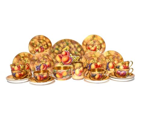 A good Royal Worcester tea service, 1970s, painted with fruit including apples, blackberries, grapes and peaches, against a w