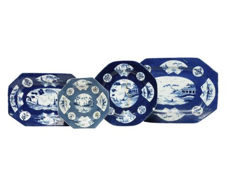 Three Bow blue and white dishes or plates, c.1760, of octagonal form and painted with fan-shaped panels of island landscapes 