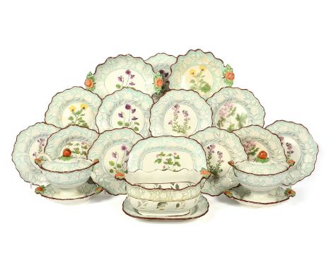 A pearlware part dessert service, c.1820, printed and coloured in pattern 816 with titled botanical specimens including Clamm