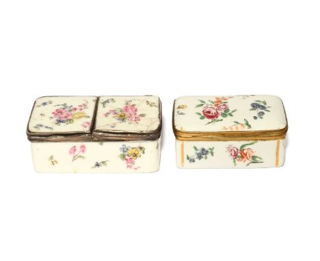 A silver-mounted Mennecy double snuff box, c.1740-50, the rectangular form painted with flowers, with two hinged covers, and 