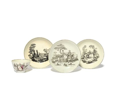 A Worcester armorial teabowl and three saucers, c.1758, the teabowl painted in black with a shield and later enamelled with t