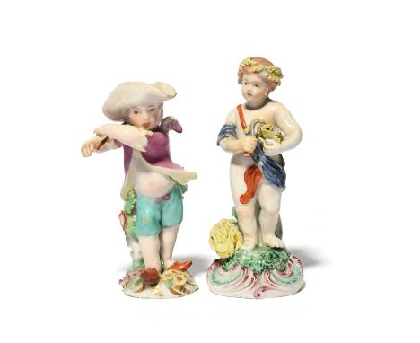 A small Plymouth figure of Summer, c.1770, modelled as a putto standing beside a sheaf of corn and holding a sickle and a fur