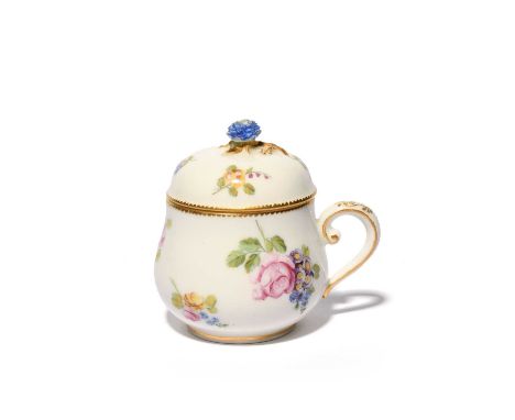 A large Sèvres custard cup and cover (pot à jus), c.1770, finely painted with flower sprays and scattered sprigs, gilt dentil