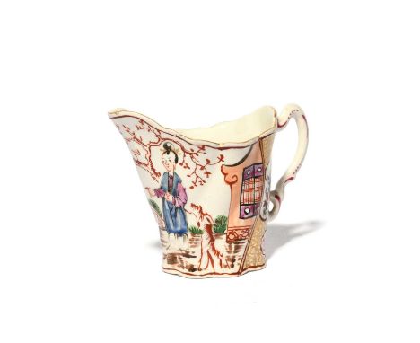 A Worcester 'Chelsea Ewer' shape milk or cream jug, c.1770-75, painted in the Mandarin manner with a Chinese lady and boy in 