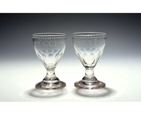 A pair of small commemorative drinking glasses of horse-racing interest, 19th century, the round funnel bowls engraved 'Succe