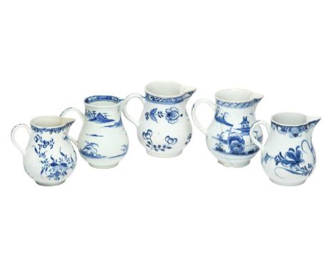 Five English blue and white milk jugs, c.1758-70, one Vauxhall and painted with a low hut in a mountain landscape, and four B