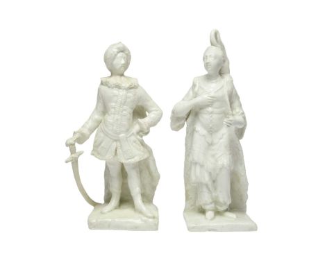 A pair of Bow white-glazed theatrical figures, c.1750-54, modelled by the 'Muses' modeller as a Turk and his companion, the f