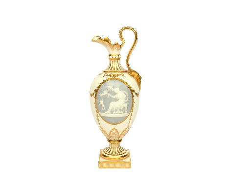A Minton pâte-sur-pâte ewer by Alboin Birks, c.1900, decorated with a seated Classical maiden holding up a hoop for putti to 