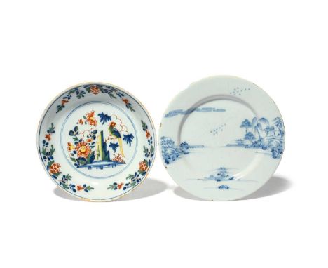 A delftware plate and a soup plate or shallow bowl, c.1760, the plate Bristol and painted in a pale blue with a pagoda island