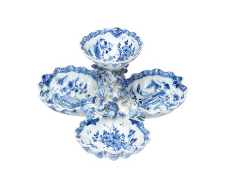 A Bow blue and white sweetmeat stand or pickle dish, c.1765-70, formed as three joined scallop shells, a circular dish rising