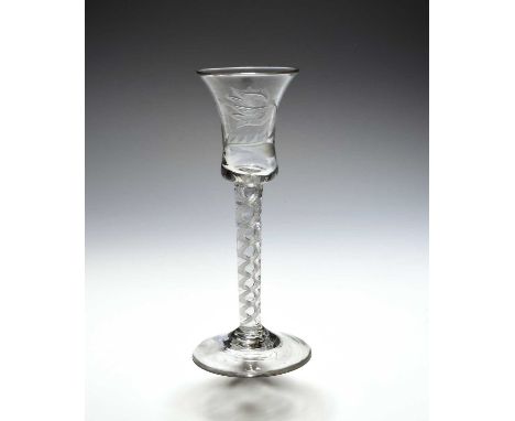 A small botanical wine glass of possible Jacobite significance, c.1760, the waisted bell bowl finely engraved with a tulip an