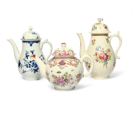 Two Worcester coffee pots and covers, c.1758-70, the smaller blue and white and painted with the Mansfield pattern, the large