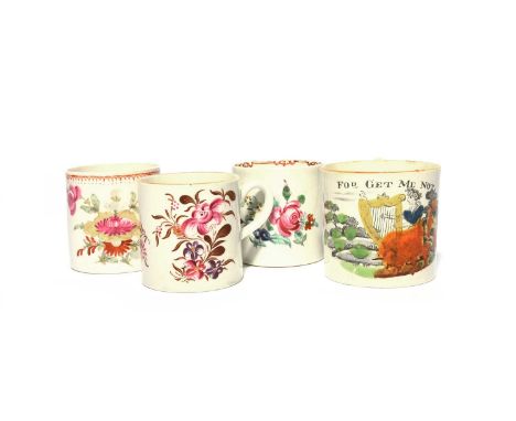 Three English porcelain coffee cans or small mugs, c.1760-80, one Bow and painted with flowers between an iron red border, an