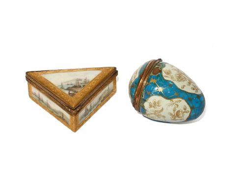 A French enamel egg bonbonniere or box, late 18th century, decorated with gilt flower sprays within panels on a turquoise gro